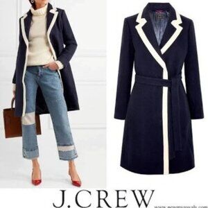 EUC J. Crew Navy & White Trim Belted Coat- Size 4